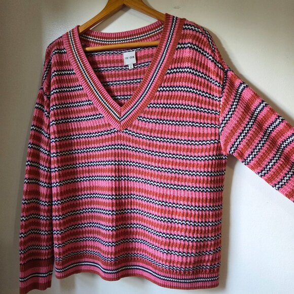 EUC LIKE NEW NIC + ZOE STRIPED V NECK COTTON BLEND SWEATER SIZE XL - Picture 3 of 15